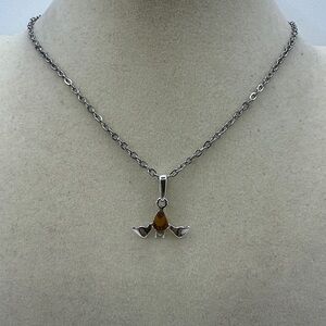 Silver and Amber Bat Pendant on Stainless Steel Chain
